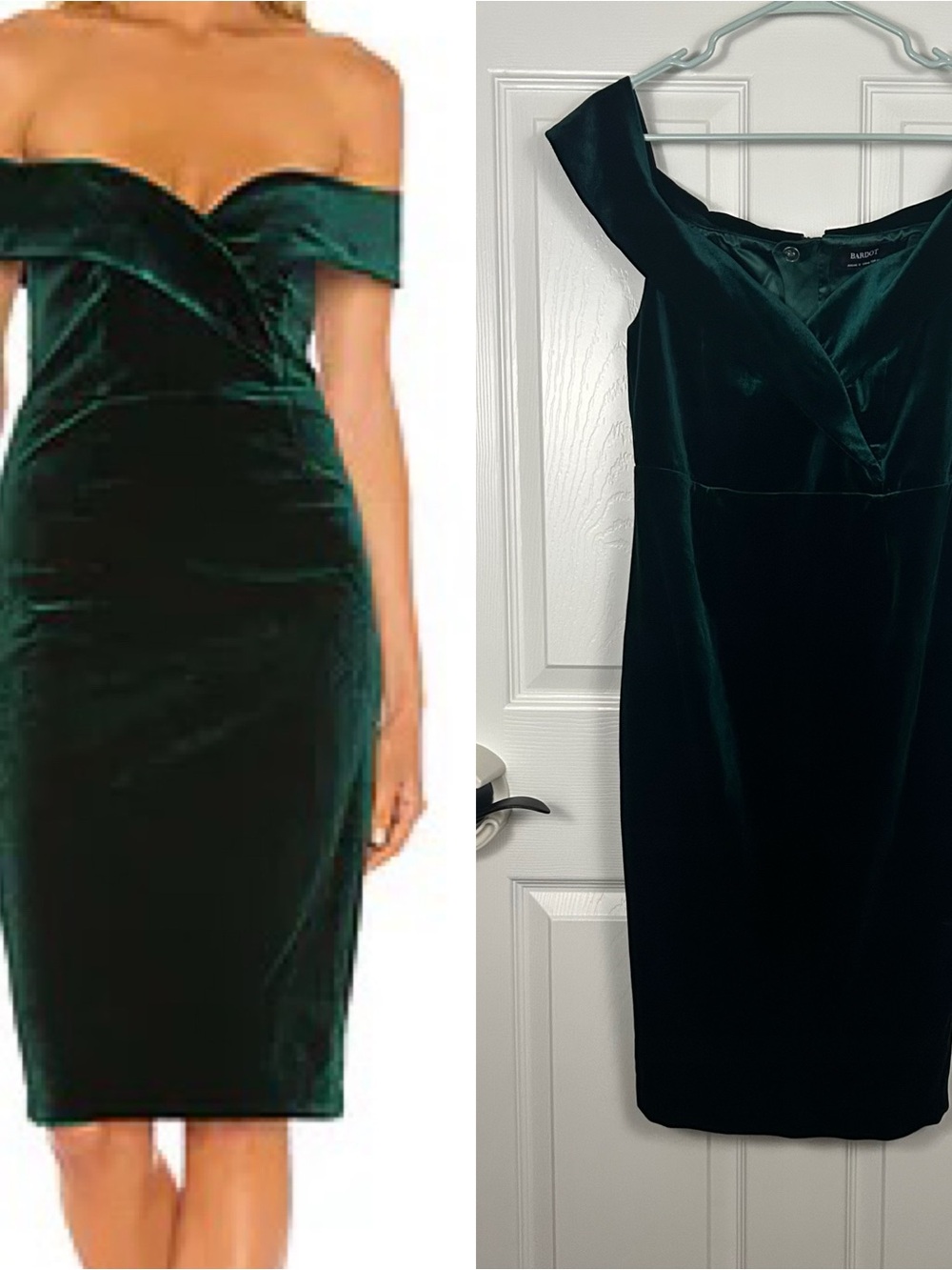 Bardot Bella Emerald Green Velvet Off-the-Shoulder Midi Dress Women’s 8